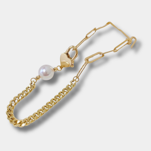 18K Gold Pearl Heart Lock Bracelet – In the Name of Love, Seal My Heart