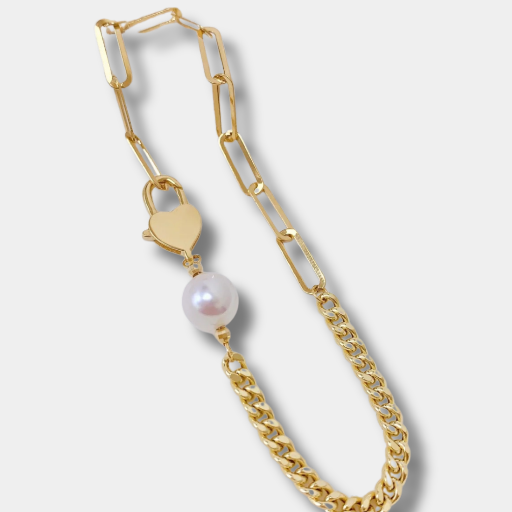 18k gold pearl heart lock bracelet – in the name of love, seal my heart