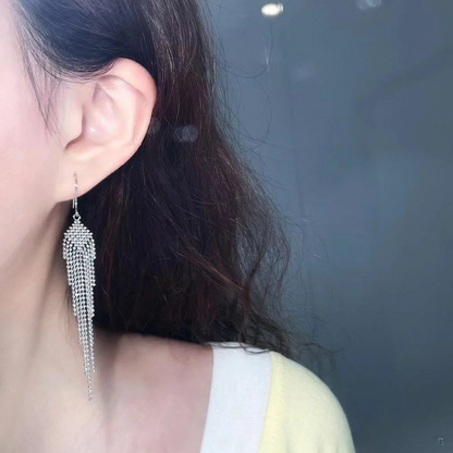 Platinum Geometric Tassel Drop Earrings with Beaded Lace Weave