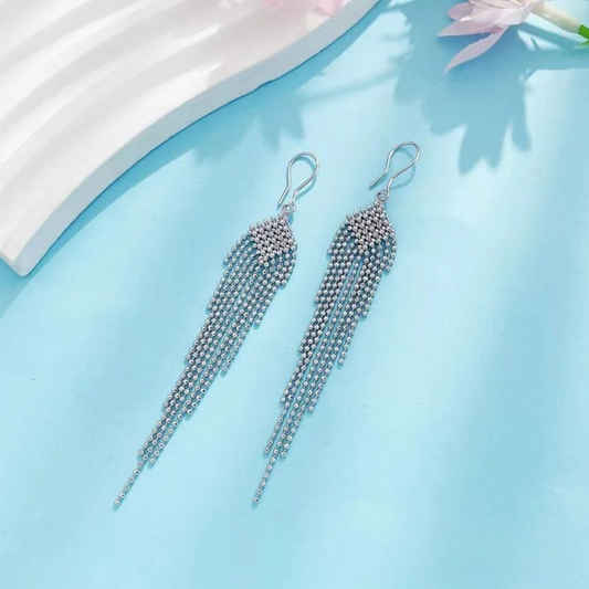 Platinum Geometric Tassel Drop Earrings with Beaded Lace Weave