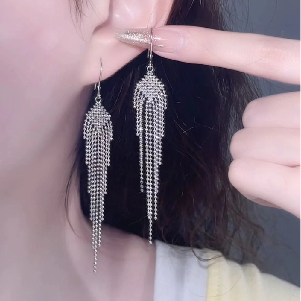 platinum geometric tassel drop earrings with beaded lace weave