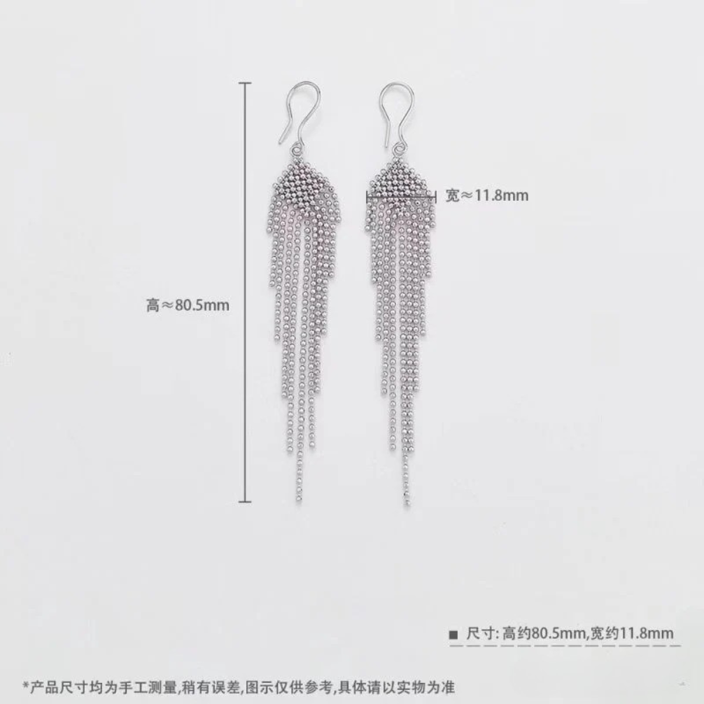 platinum geometric tassel drop earrings with beaded lace weave