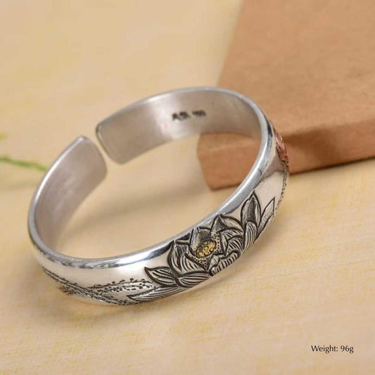 999 Sterling Silver Vintage-Style Handcrafted Engraved Cuff Chinese Style Bracelet