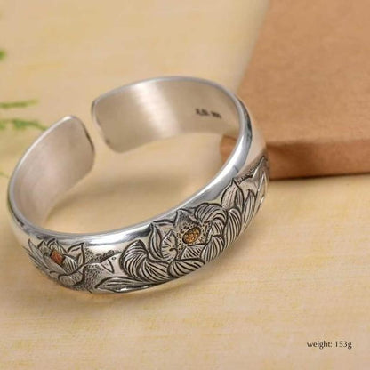 999 Sterling Silver Vintage-Style Handcrafted Engraved Cuff Chinese Style Bracelet