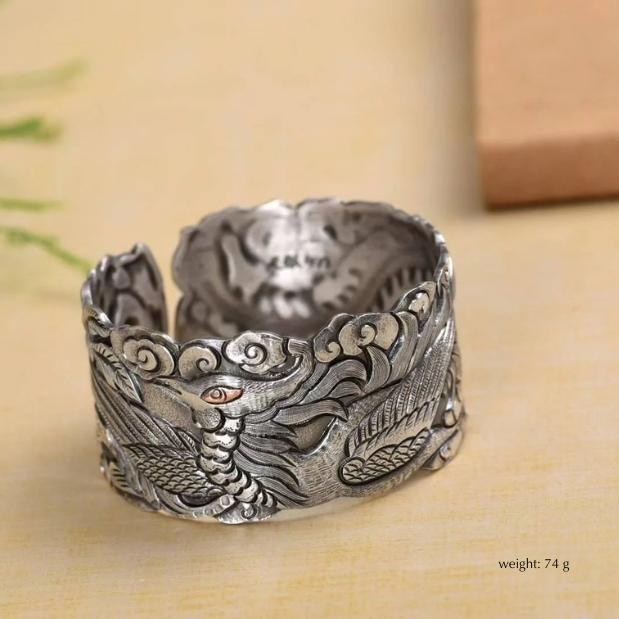 999 sterling silver vintage-style handcrafted engraved cuff chinese style bracelet