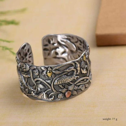 999 Sterling Silver Vintage-Style Handcrafted Engraved Cuff Chinese Style Bracelet