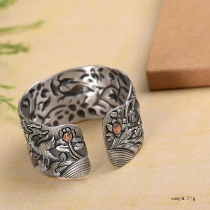 999 Sterling Silver Vintage-Style Handcrafted Engraved Cuff Chinese Style Bracelet