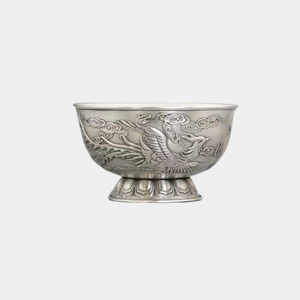 dragon & phoenix 999 fine silver bowl – antique finish