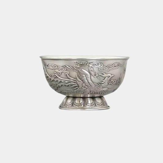 Dragon & Phoenix 999 Fine Silver Bowl – Antique Finish