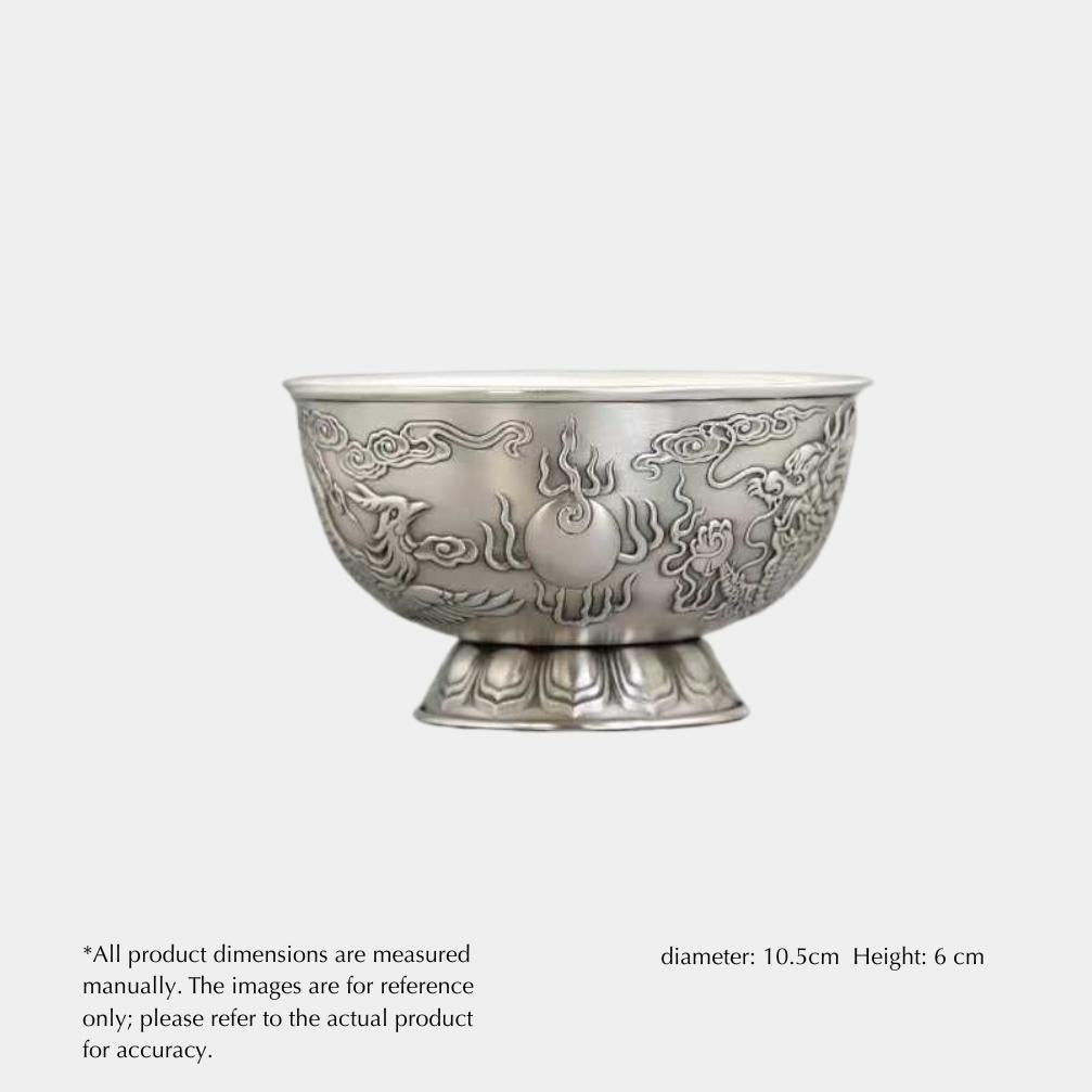 dragon & phoenix 999 fine silver bowl – antique finish
