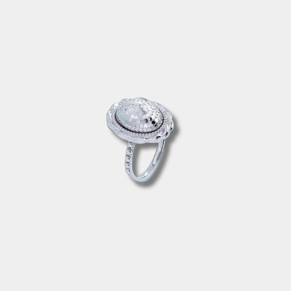 platinum hollow bead fish scale pigeon egg ring — elegant feminine statement