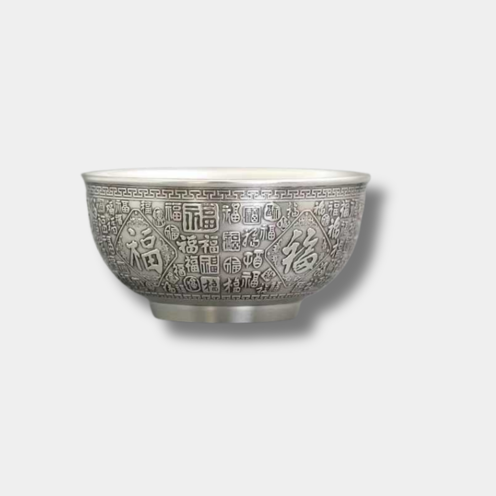sterling silver "hundred blessings" bowl – 999 fine silver with ancient patina