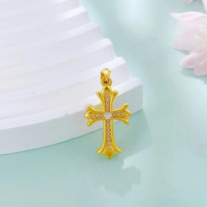 Vintage Style Moissanite Inlaid Hollow Clovis Cross Pendant – 5D Cyan