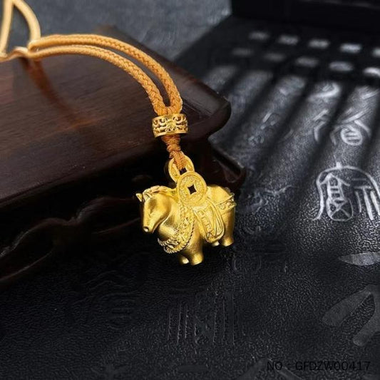 Zodiac Gold Horse Pendant with Traditional Hollow Design - Money-Inspired Coin & Tang Dynasty Warrior Horse