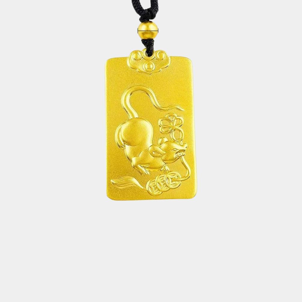 gold zodiac rat pendant - traditional solid design with money-inspired gold rat coin & wealth blessing
