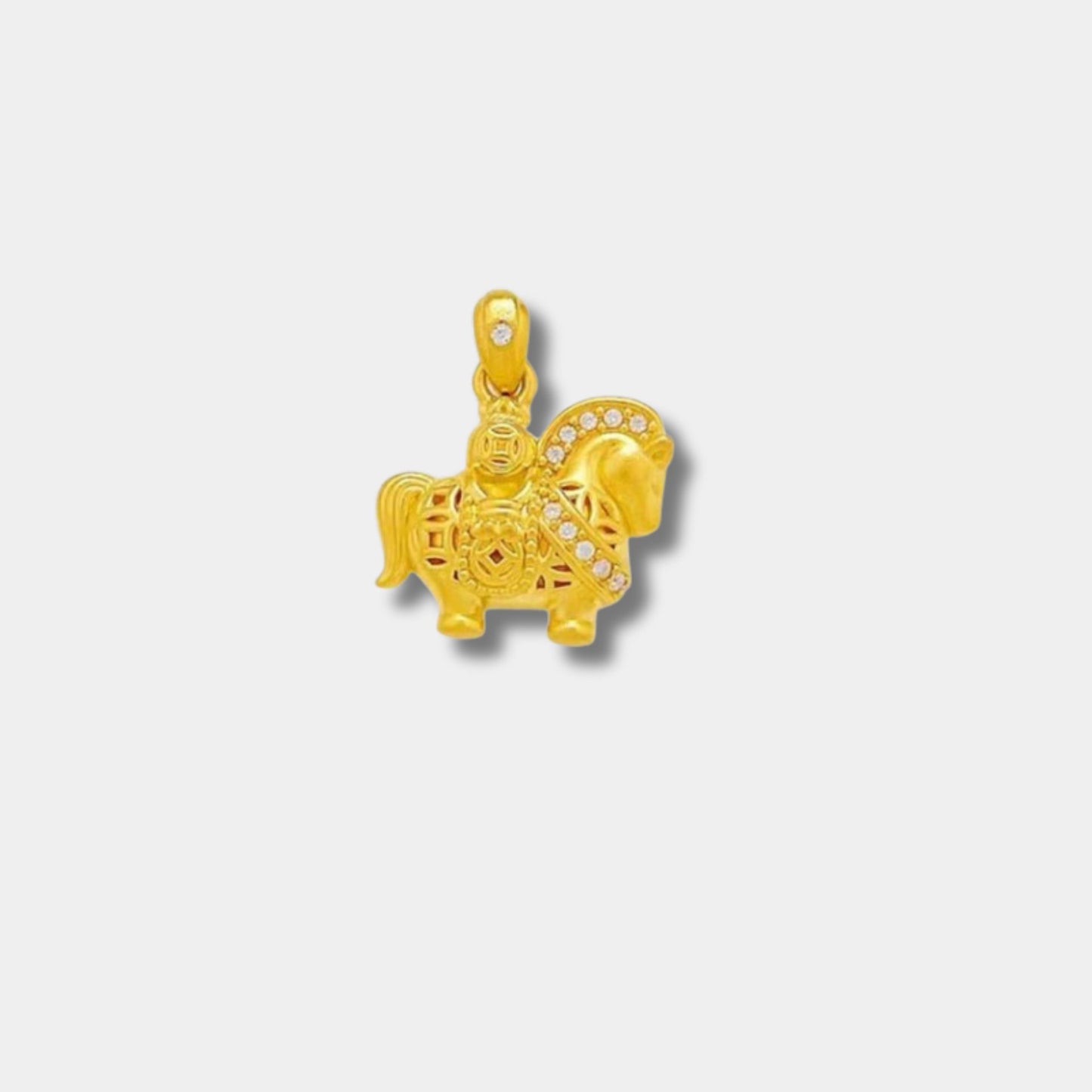 zodiac horse pendant with 5d hard gold inlaid moissanite - money coin & tang dynasty warrior horse design