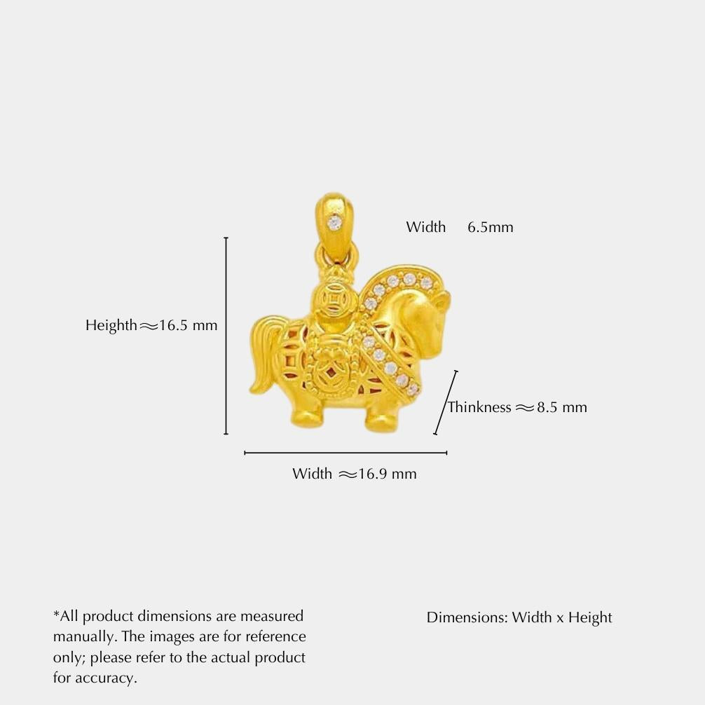 zodiac horse pendant with 5d hard gold inlaid moissanite - money coin & tang dynasty warrior horse design