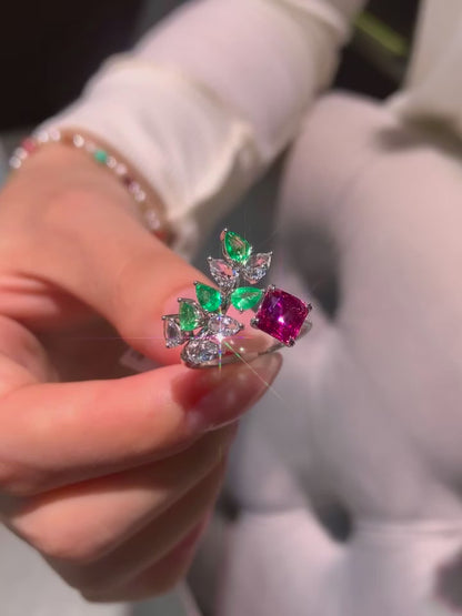 18K Gold Unheated Padparadscha Sapphire Ring with Diamond, Emerald, and White Topaz Inlay